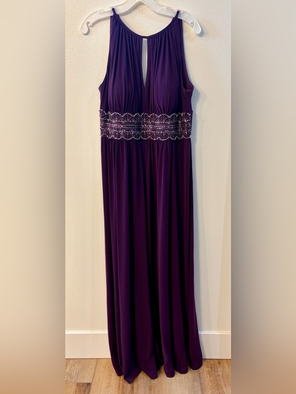 R&M Richards Plum Beaded Empire Waist Maxi Dress